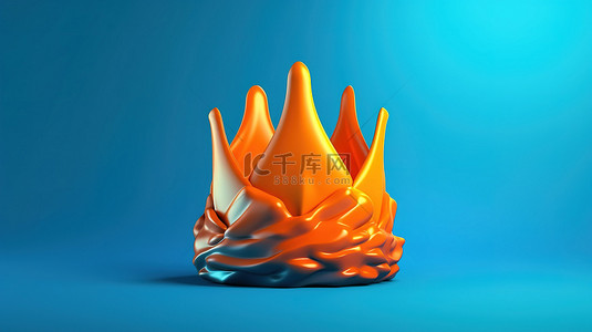 充满活力的蓝色背景上的 3D 渲染双色调橙色皇冠