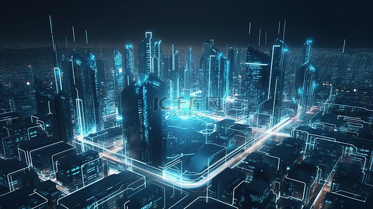 人工智能科技背景图片_全息 3d 中的未来城市景观描绘数字城市设计人工智能和具有赛博朋克感觉的智能技术的动态图形