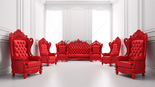 当代红色扶手椅围绕着 3D 渲染的雄伟宝座，象征着领导力