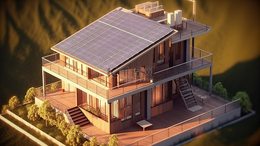 3d 渲染中的等距太阳能房屋