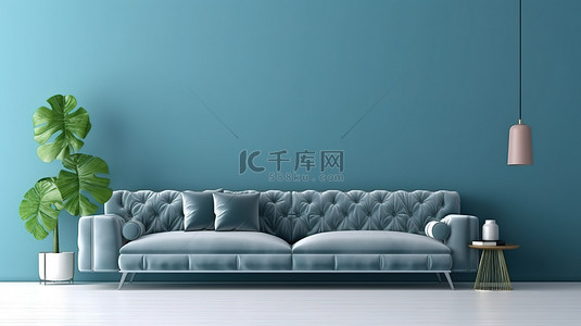 灰色背景背景图片_客厅内部灰色沙发和蓝色墙壁的 3D 渲染