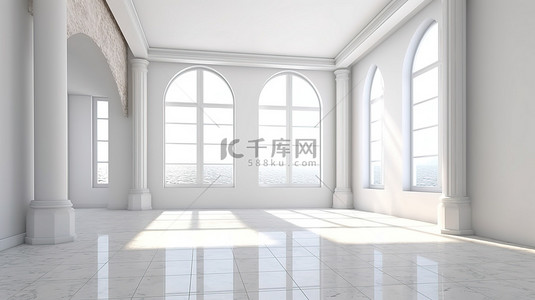 阳光明媚的白色房间，配有大理石瓷砖地板数字插图