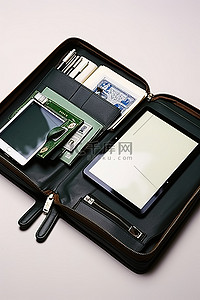 电子阅读器背景图片_商务旅行箱装有电子阅读器护照和笔