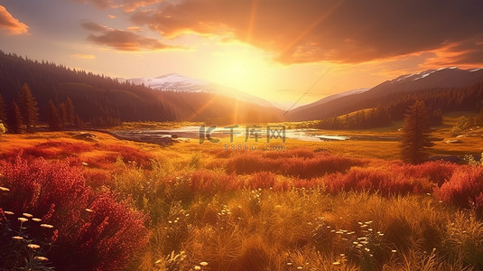 早晨的太阳背景图片_令人惊叹的 3D 渲染，宁静的日落在未驯服的山草甸上投射出温暖的色调