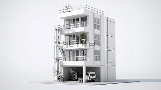 带电梯和车库的现代公寓大楼的 3D 渲染