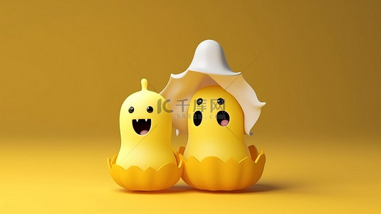万圣节快乐 3D 插图可爱的鬼魂和蝙蝠在充满活力的黄色背景