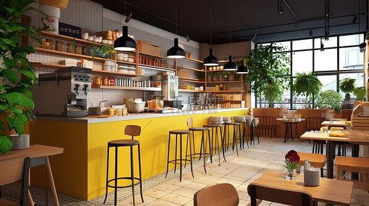 咖啡厅休息室和餐厅现代厨房的 3D 渲染视图