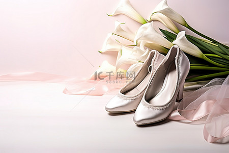 芭蕾背景图片_白色表面的芭蕾平底鞋和马蹄莲