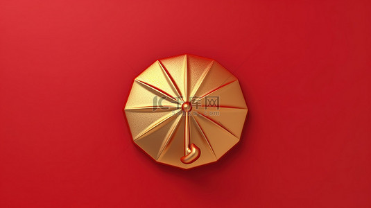 标志性雨伞 3D 渲染社交媒体图标，红色哑光金板上有金色符号