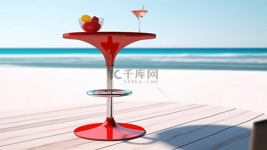 白色背景上的当代海滩凳和红色热带鸡尾酒特写 3D 渲染