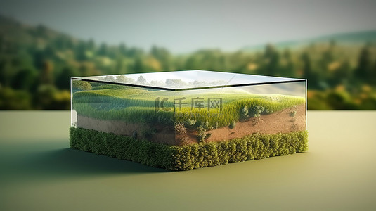 3D 渲染展示了位于河流草地上的讲台上的地球横截面产品展示