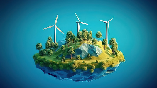 可持续的背景图片_蓝色背景下有风车树和草的可持续岛屿低聚生态系统