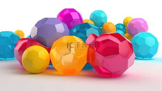 文字气泡排版背景图片_彩色几何儿童版式与白色背景上 3D 渲染中的气泡图案混合
