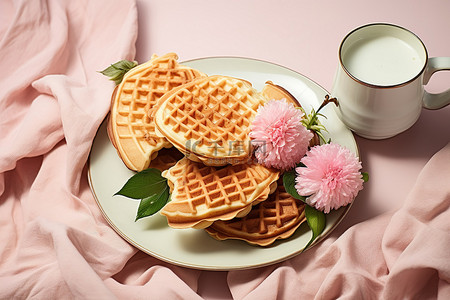 一个盘子，上面有粉色和绿色的花朵，旁边是一些华夫饼和牛奶
