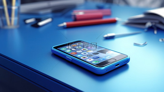 蓝色办公桌上放置手机的 3D 插图