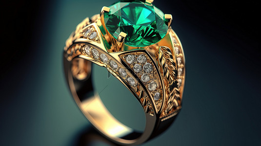 珍贵金色设计的祖母绿镶嵌 3D 订婚戒指