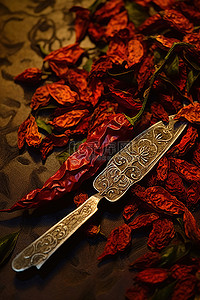 茶背景图片_一把小刀拿着辣椒和生姜的叶子