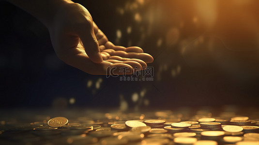 现金活动背景图片_捐款概念卡通风格 3d 渲染一只手伸向硬币的插图
