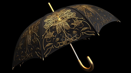 黑色的雨伞背景图片_隔离在黑色令人惊叹的 3d 金色雨伞渲染