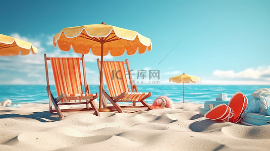 海边逃生 3D 插图，太阳椅遮阳伞人字拖和漂浮物，非常适合暑假
