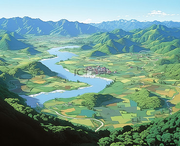 山背景图片_靠近河流和湖泊的城市和乡村