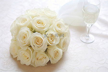 白玫瑰花束坐在桌子上