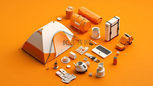 橙色背景上的单色等距露营装备 3D 渲染的场景和物体