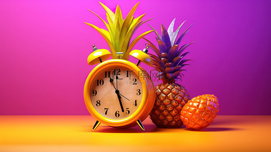 水果卡通菠萝背景图片_热带计时器 3D 渲染时钟和菠萝在充满活力的黄色和紫色夏季背景