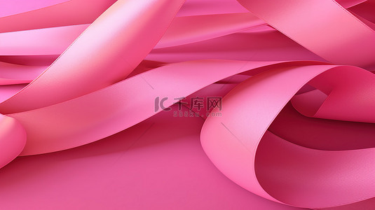 3D 渲染粉红色背景上粉红丝带的插图，用于乳腺癌意识月海报横幅