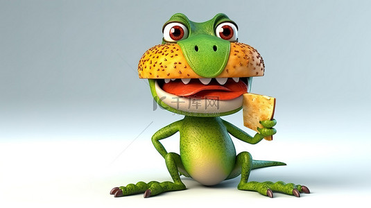 搞笑的 3D 蜥蜴人物抓着汉堡