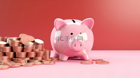 粉红色背景，带有存钱罐硬币和钞票，描绘储蓄和退休基金 3D 渲染