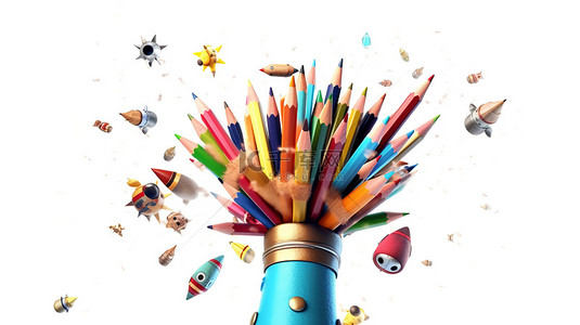 彩色卡通小火箭背景图片_白色背景上的飞行铅笔火箭的 3D 插图，用于返回学校横幅