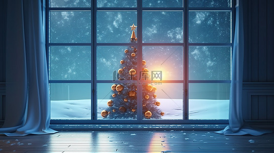 透过 3D 渲染创建的美丽蓝色窗户看到的节日圣诞树