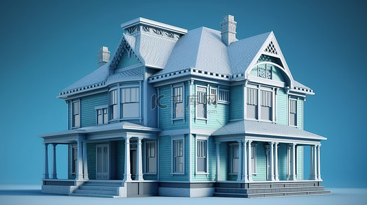 经典的美国房屋 3D 渲染在充满活力的蓝色背景上