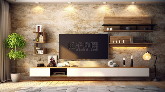 现代客厅配有 3D 渲染的时尚设计师电视柜