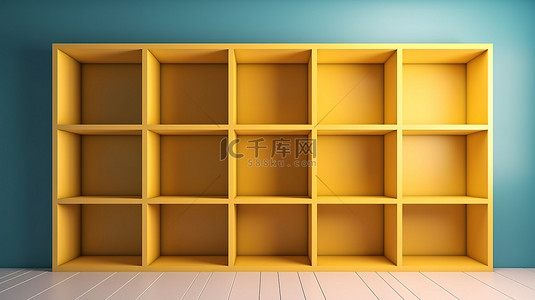 简约概念蓝色和黄色墙壁与 3d 渲染中的空书架