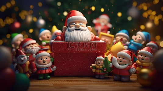 节日礼品盒圣诞节背景下圣诞老人和朋友的 3D 渲染