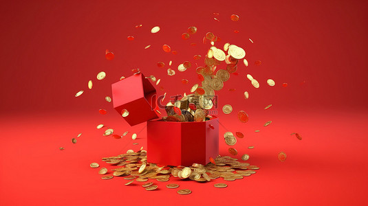 新年豪礼背景图片_从一个开放的红色礼盒中爆炸金币，红色背景上带有闪亮的丝带弓 3d 渲染