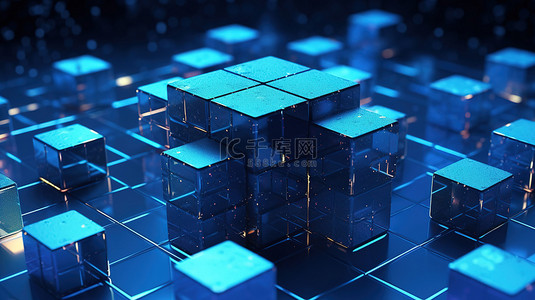 区块链链科技背景图片_区块链概念上抽象深蓝色立方体中去中心化金融系统的 3D 渲染