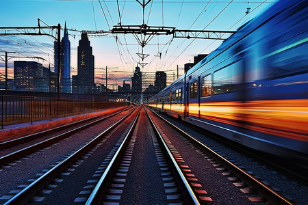 黄昏城市背景图片_黄昏城市的地铁里的火车在城市街道的黄昏火车轨道上
