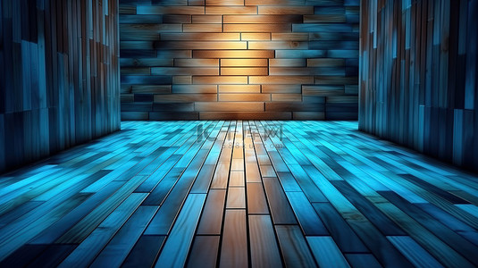 浅色背景的 3D 渲染增强木地板和墙壁纹理上的蓝色图案