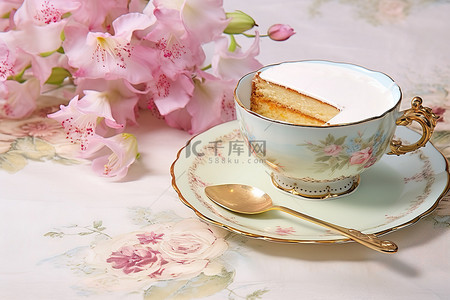 一个红茶杯放在一块用复古纸包裹的蛋糕旁边