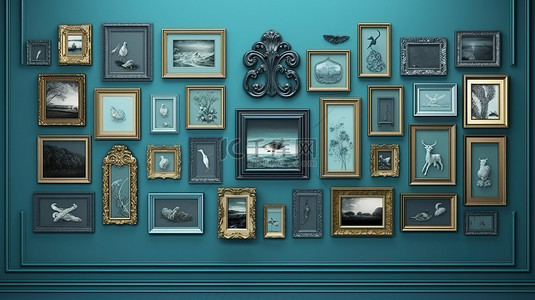 逼真的 3D 渲染复古蓝色墙壁，边框中带有水平和垂直照片拼贴艺术