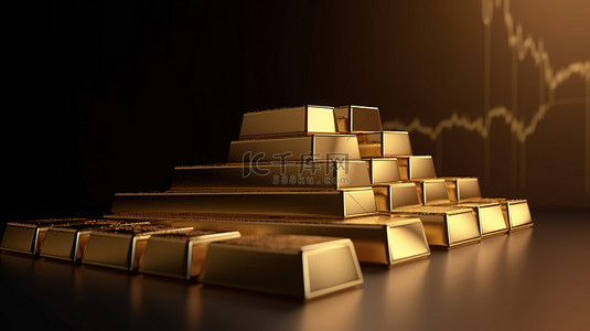 用 3D 渲染金条和向上图表说明黄金投资和购买趋势