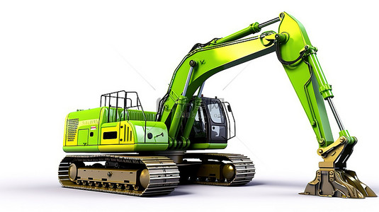 挖掘机背景图片_白色背景的 3d 渲染与绿色机械挖掘机