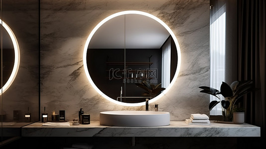 浴室镜子背景图片_现代浴室设计，配有大理石墙壁圆形镜子和舒适的灯光 3D 渲染