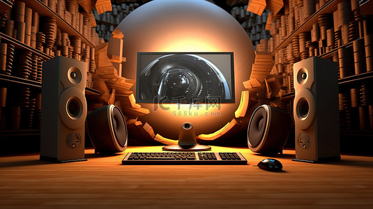 电脑icon背景图片_计算机在 3D 渲染中设置桌面显示器键盘鼠标和扬声器