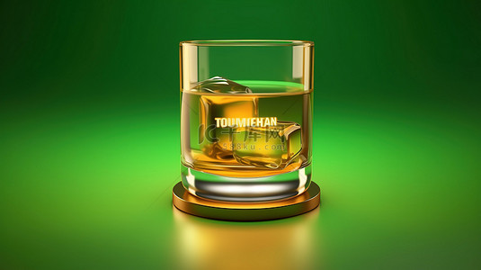 福字吊牌背景图片_威士忌酒杯的图标 带有潮水绿色背景的福尔图纳金杯的 3D 渲染符号
