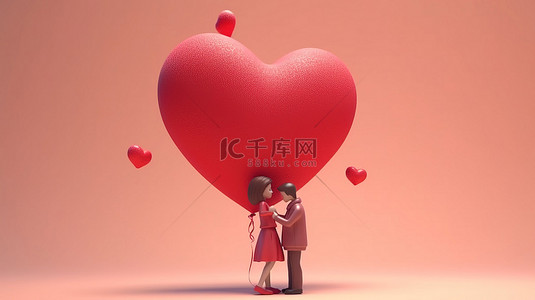 年轻夫妇用 3d 心形气球拥抱的浪漫场景