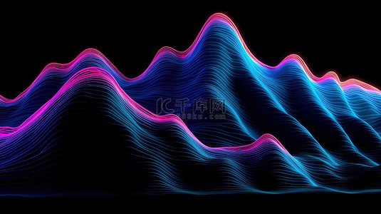 抽象景观充满活力的 3D 霓虹粉红色和蓝色山脉，以大胆的黑色背景为背景，具有锐利的波浪和流畅的线条